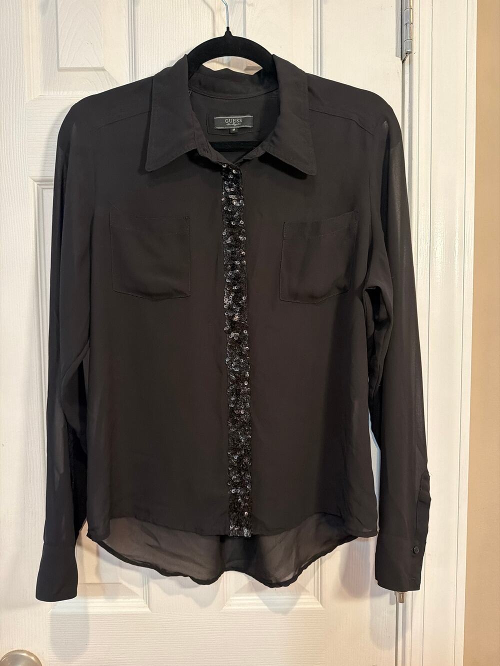 Y2K Guess Los Angeles Black Sheer Chiffon Sequin Placket Button down Blouse M